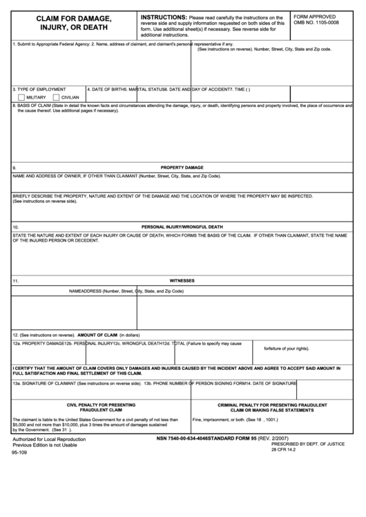 Fillable Form 95 - Claim For Damage, Injury, Or Death 2007 Printable pdf