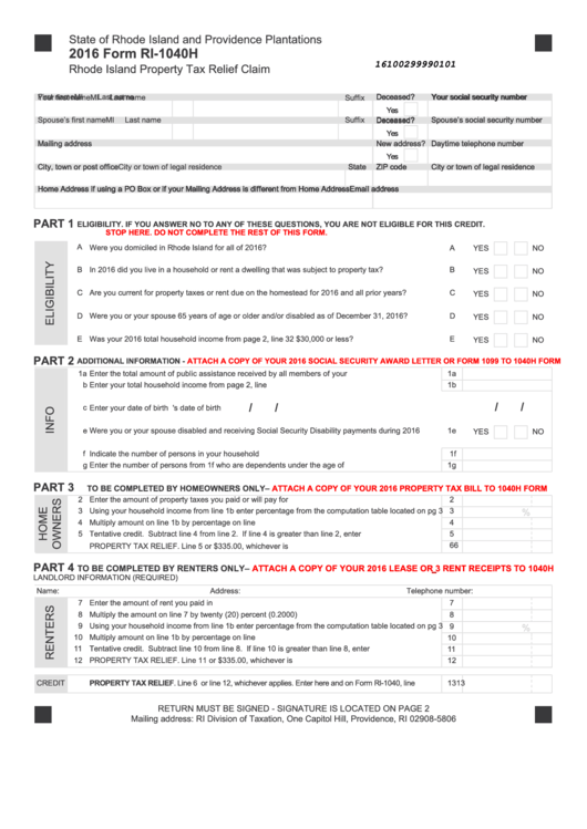 Fillable Form Ri-1040h - Rhode Island Property Tax Relief Claim - 2016 Printable pdf