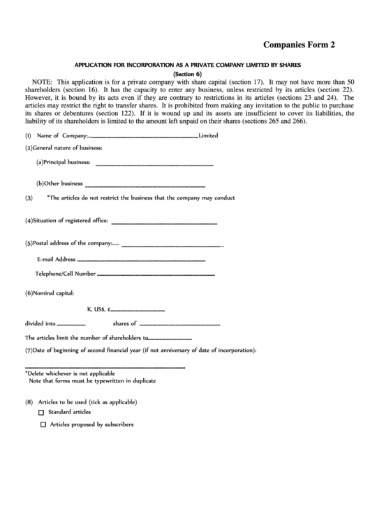 Application For Incorporation As A Private Company Limited By Shares Printable pdf