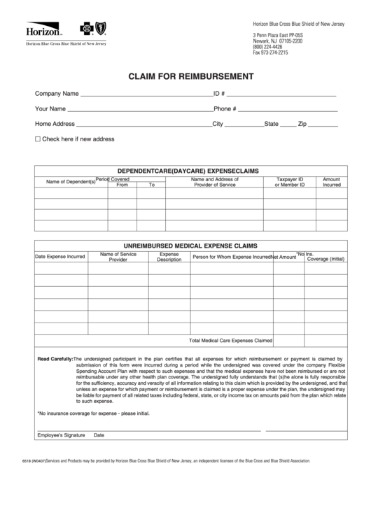 Form 6518 W0407 Claim For Reimbursement Horizon Blue Cross Blue 