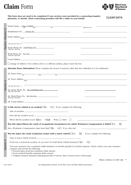 Fillable Claim Form - Blue Cross And Blue Shield Of Kansas Printable pdf