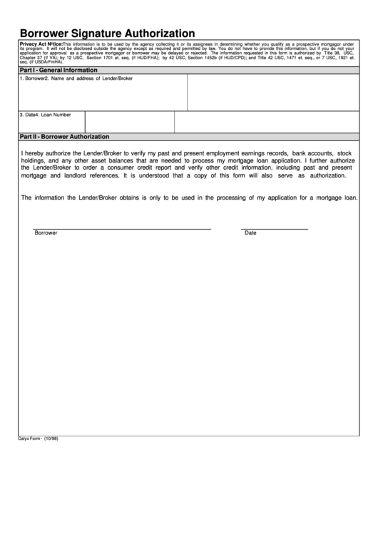 Borrower Signature Authorization Printable pdf