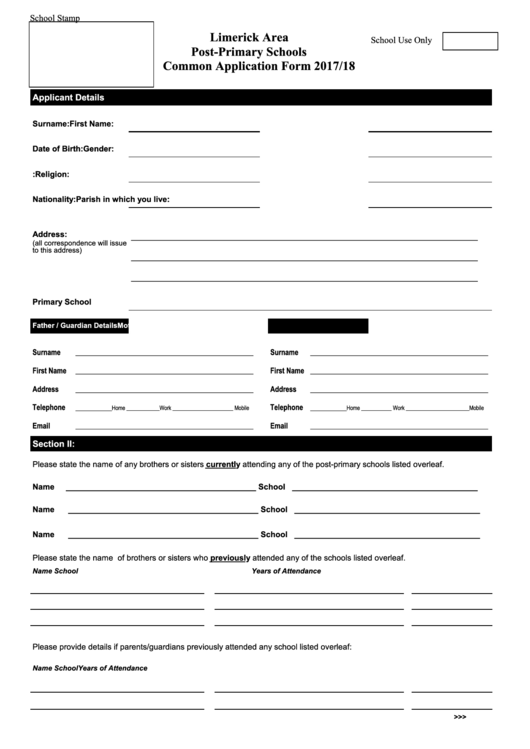 Limerick Area Post-Primary Schools - Common Application Form - 2017/18 Printable pdf