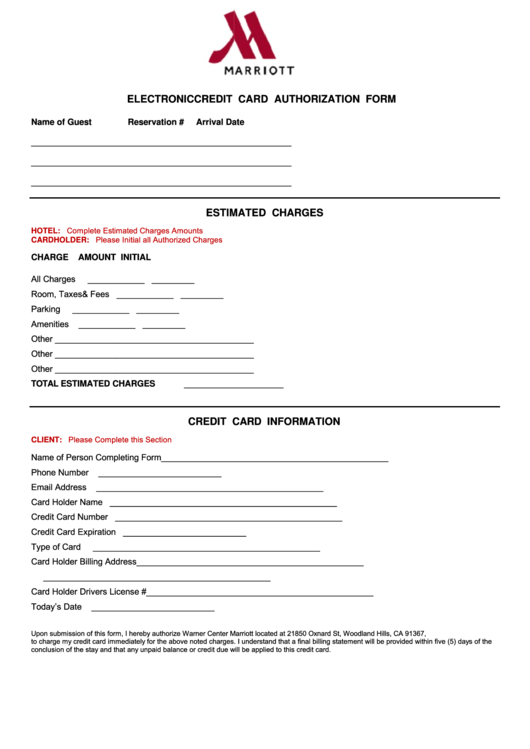 Fillable Marriot Electronic Credit Card Authorization Form Printable pdf