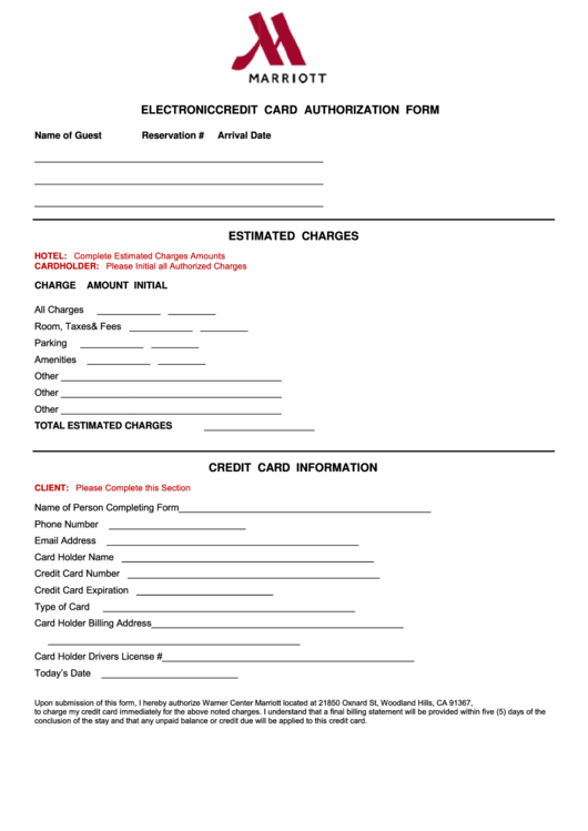 Hotel Credit Card Authorization Form Template