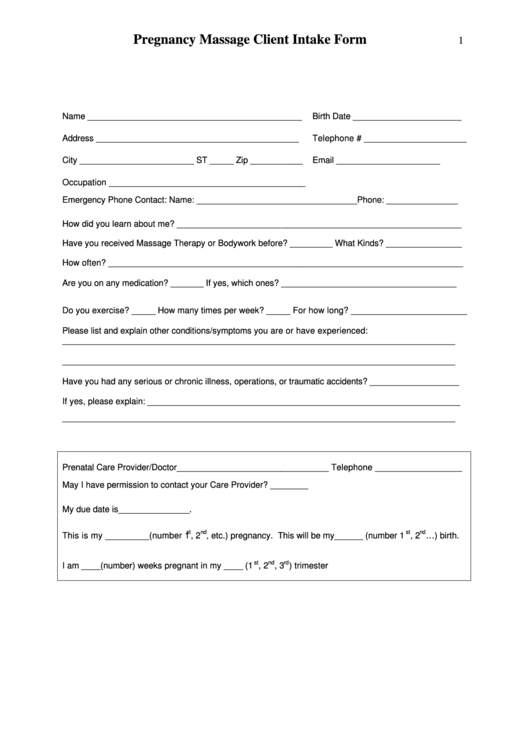 Pregnancy Massage Client Intake Form printable pdf download