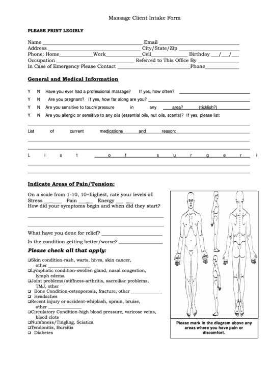 Massage Client Intake And Waiver Form Printable pdf