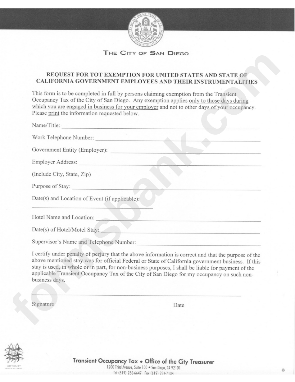 Request For Tot Exemption For United States And State Of California Government Employees And Their Instrumentalities - City Of San Diego