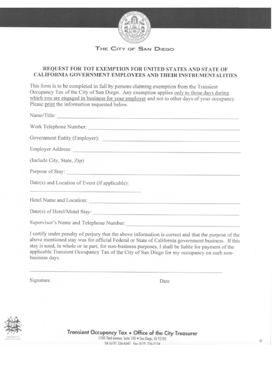 Request For Tot Exemption For United States And State Of California Government Employees And Their Instrumentalities - City Of San Diego Printable pdf