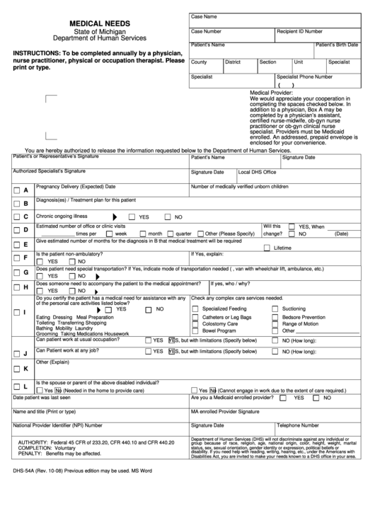 Dhs-54-A, Medical Needs State Of Michigan Department Of Human Services Printable pdf