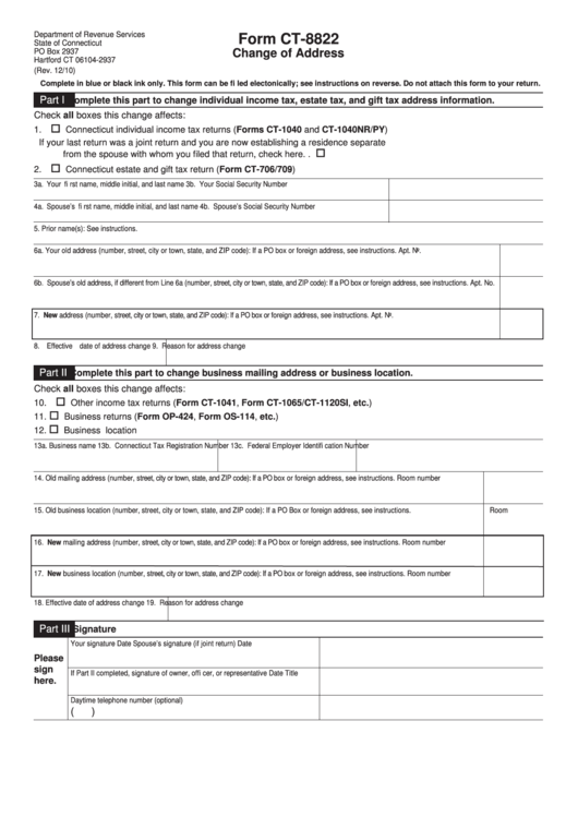 Form Ct-8822 Change Of Address Department Of Revenue Services Printable pdf