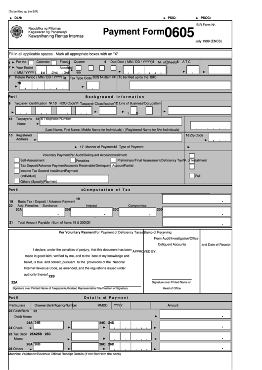 Bir Form No. 0605 - Payment Form Printable pdf