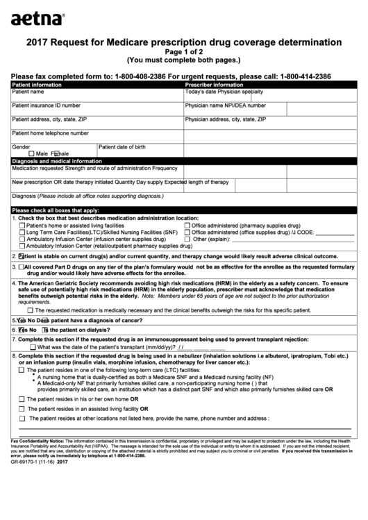 Request Form For Medicare Prescription Drug Coverage Determination - 2017 Printable pdf
