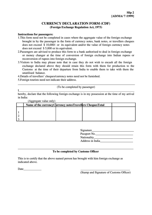 Currency Declaration Form (Cdf) Printable pdf