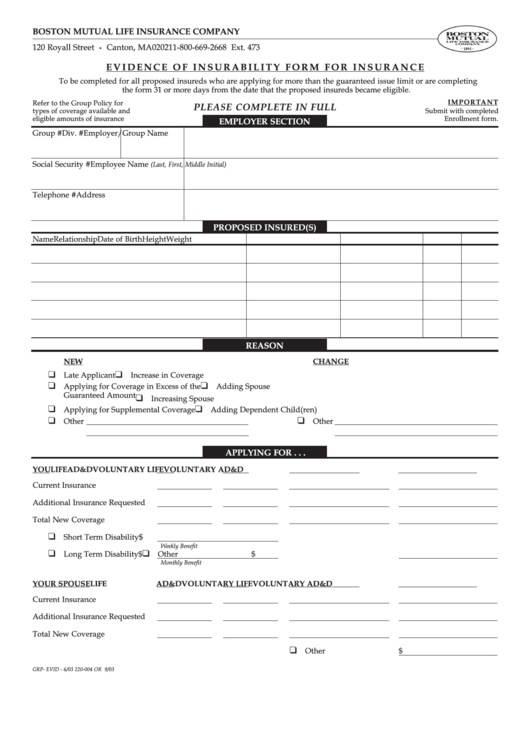 Boston Mutual Evidence Of Insurability Form For Insurance Form Printable pdf