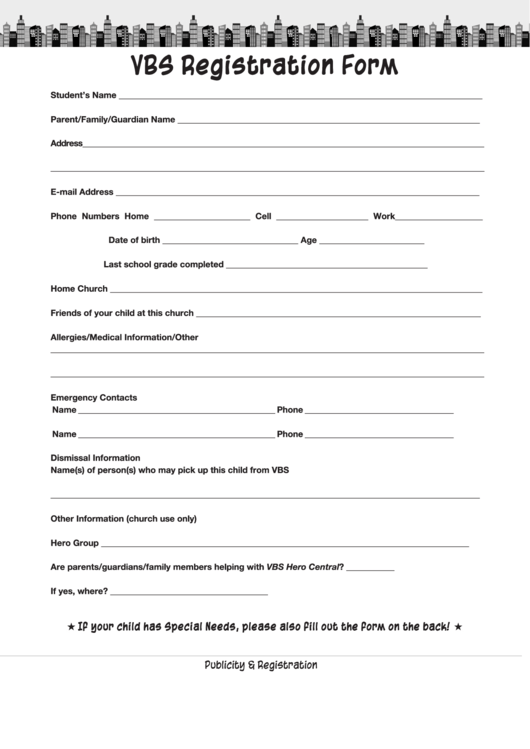 Vbs Registration Form Printable pdf