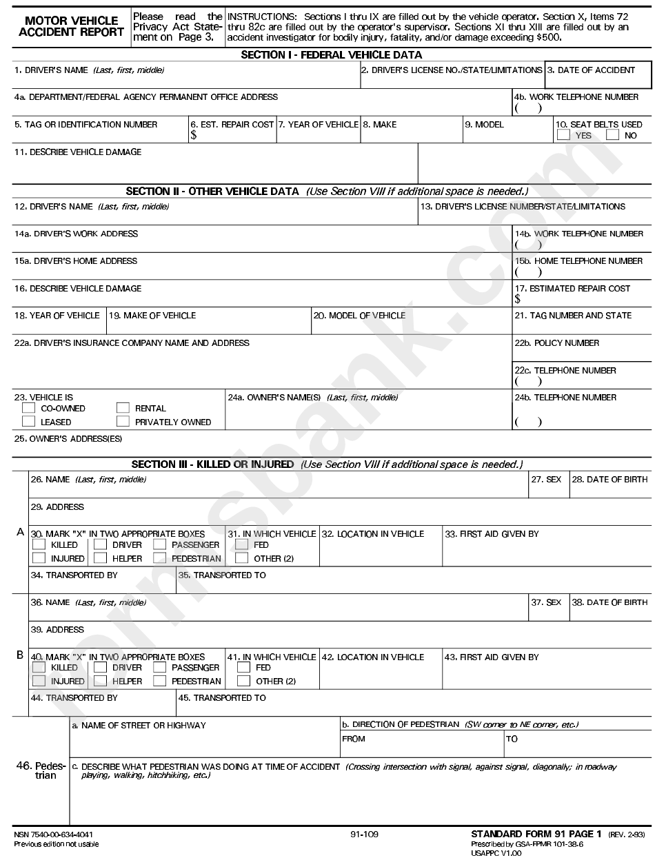 Standard Form 91, Motor Vehicle Accident Report