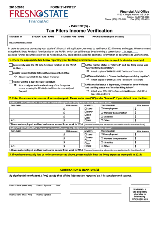 Fillable Form 21 Fpitey Tax Filers Income Verification - Fresno State Printable pdf
