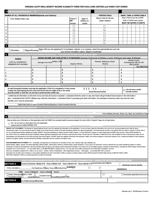 Virginia Cacfp Meal Benefit Income Eligibility Form For Child Care 