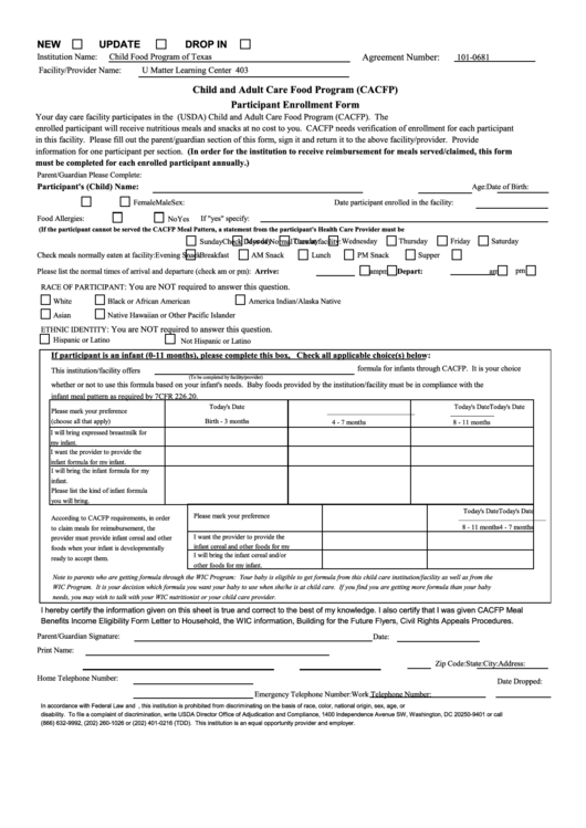 Child And Adult Care Food Program (Cacfp) Participant Enrollment Form Printable pdf