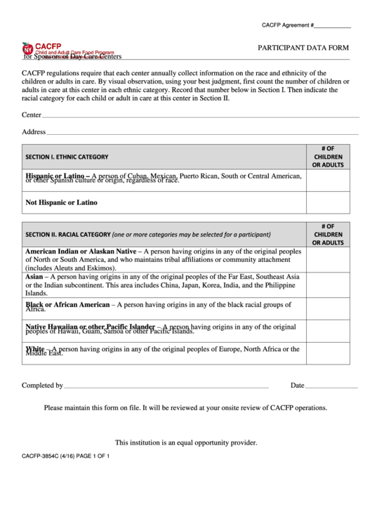 Cacfp Participant Data Form For Sponsors Of Day Care Centers Printable pdf