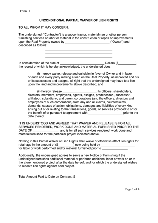Unconditional Partial Waiver Of Lien Rights Printable pdf