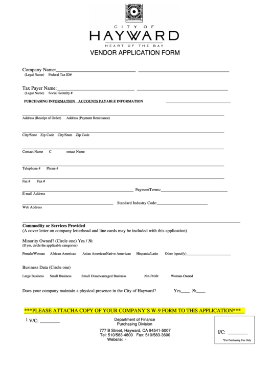 Vendor Application Form - City Of Hayward Printable pdf