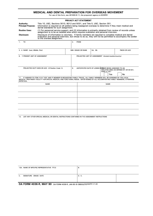 Da Form 4036-R Medical And Dental Preparation For Overseas Movement Printable pdf