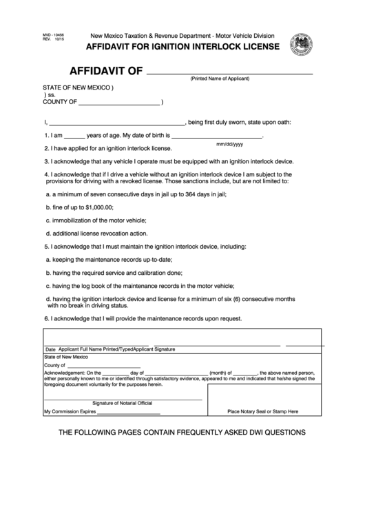 Form Mvd - 10456 - Affidavit For Ignition Interlock License