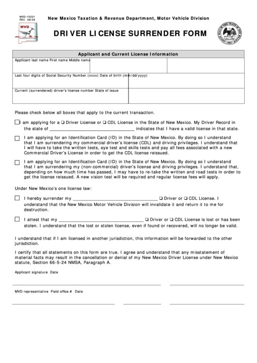 Form Mvd-10231 - Driver License Surrender Form Printable pdf