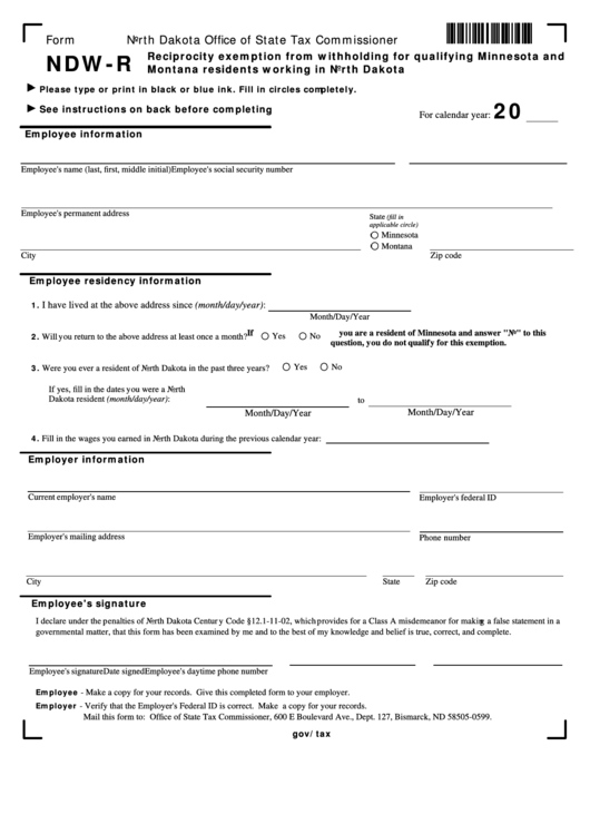 Form Ndw-R Reciprocity Exemption From Withholding For Qualifying Minnesota And Montana Residents Working In North Dakota Printable pdf