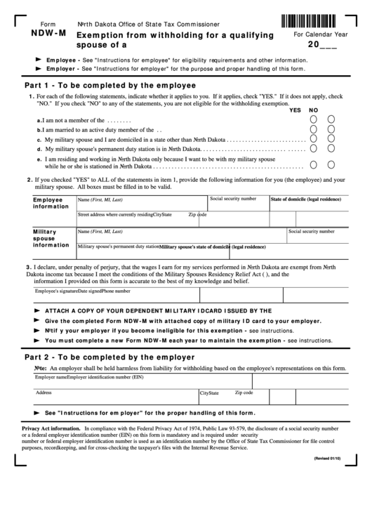 Form Ndw-M - Exemption From Withholding For A Qualifying Spouse Of A U.s. Armed Forces Servicemember Printable pdf