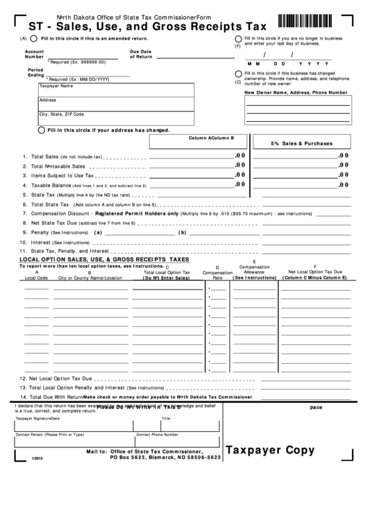 Fillable Form St - Sales, Use, And Gross Receipts Tax - North Dakota Tax Commissioner Printable pdf