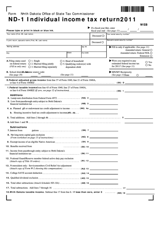 Fillable Form Nd-1 - Individual Income Tax Return 2011 Printable pdf