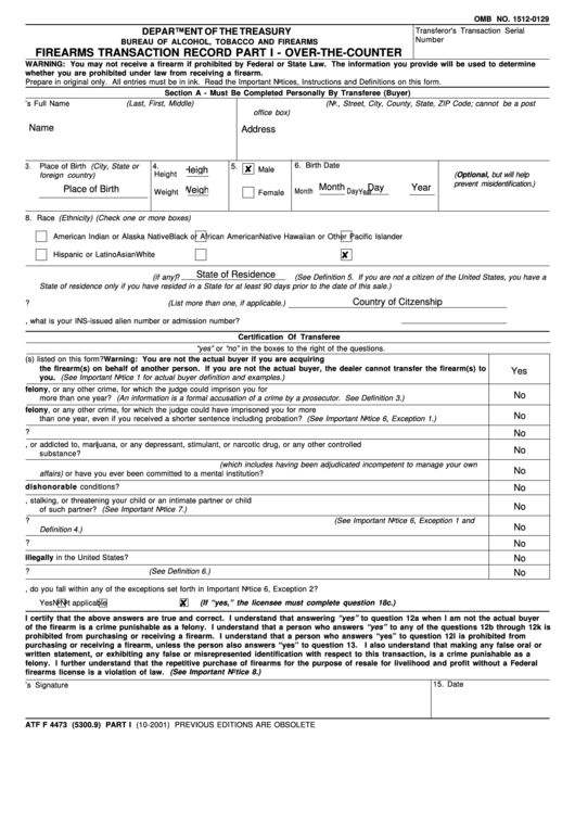 Fillable Firearms Transaction Record Part I - Over-The-Counter Printable pdf