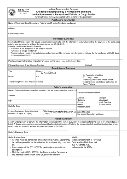 Fillable Form St-137rv - Affi Davit Of Exemption By A Nonresident Of Indiana On The Purchase Of A Recreational Vehicle Or Cargo Trailer Printable pdf