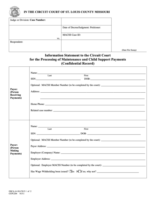 Fillable St Louis County Circuit Court Forms Information Statement To The Circuit Court For The Processing Of Maintenance And Child Support Payments Printable pdf