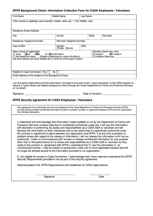 Dfps Background Check: Information Collection Form For Casa Employees / Volunteers Printable pdf