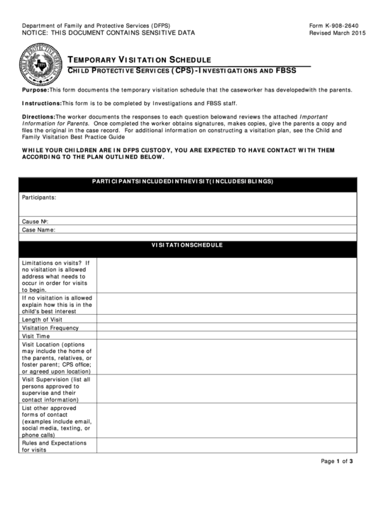 Fillable Form K-908-2640 Temporary Visitation Schedule Child Protective Services (Cps) - Investigations And Fbss Printable pdf