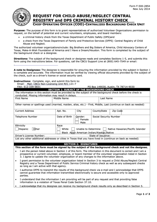 Fillable Form F-500-2854 Request For Child Abuse/neglect Central Registry And Dps Criminal History Check Printable pdf