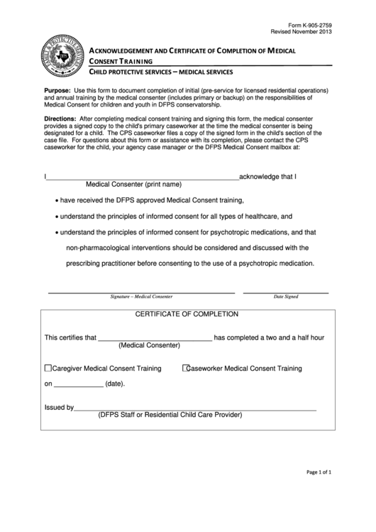 Form K-905-2759 Acknowledgement And Certificate Of Completion Of Medical Consent Training Printable pdf