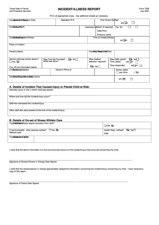 Form 7239 Incident/illness Report Printable pdf