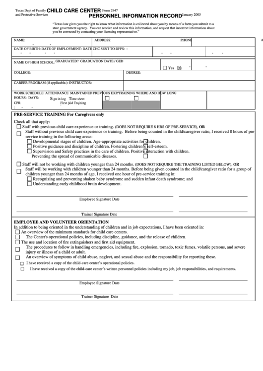 Form 2947 Child Care Center Personnel Information Record Printable pdf