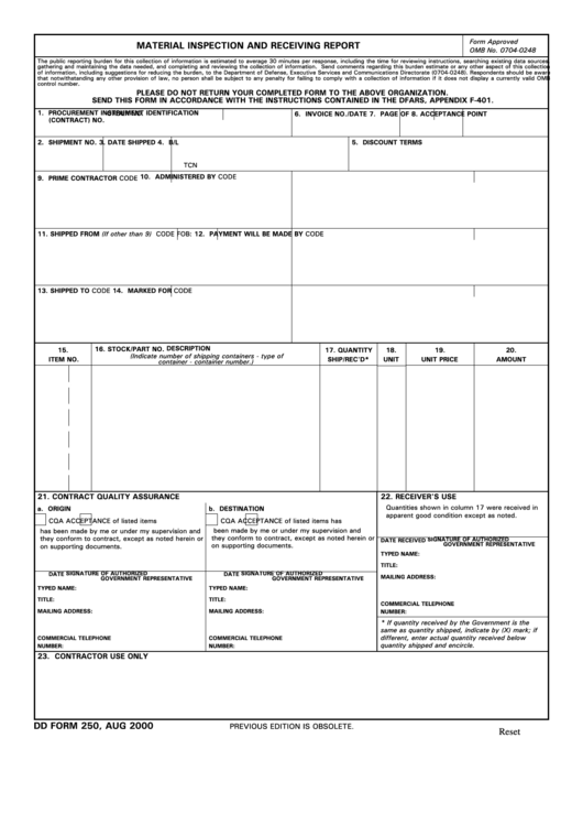 Fillable Dd Form 250, Material Inspection And Receiving Report Printable pdf
