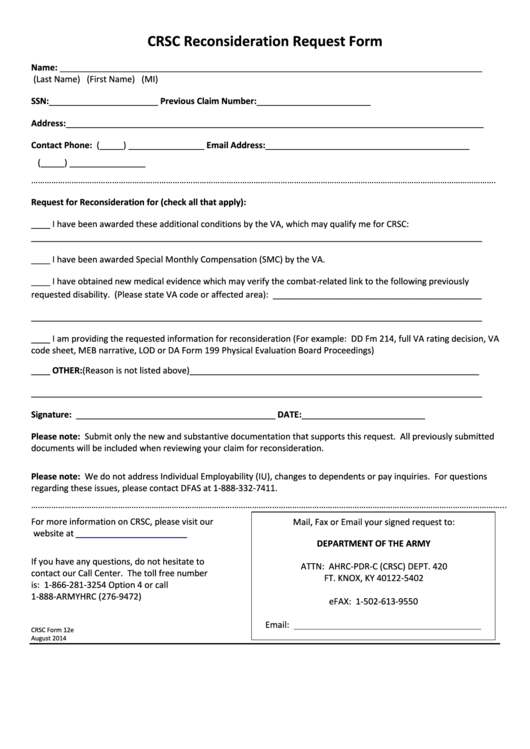Crsc Reconsideration Request Form - Crsc Form 12e Printable pdf