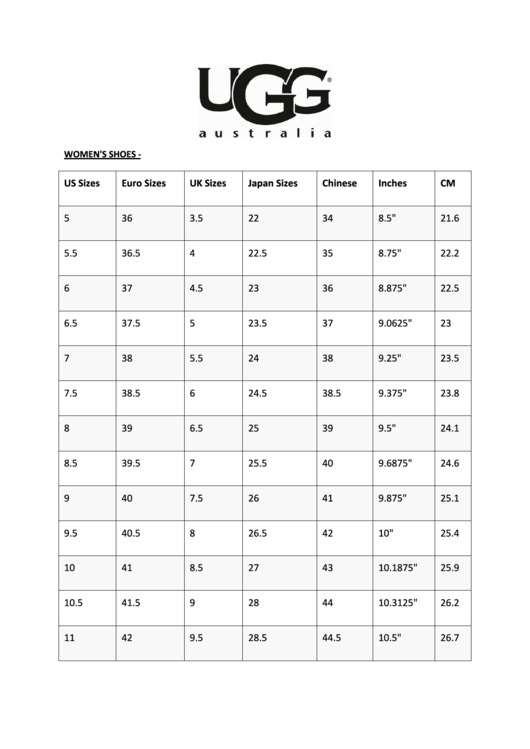 Ugg Size Chart Printable pdf