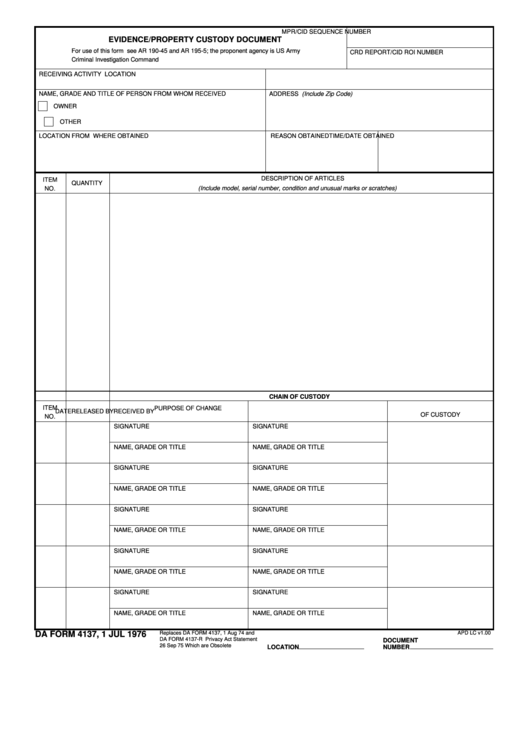 Fillable Da Form 4137 Evidence/property Custody Document Printable pdf