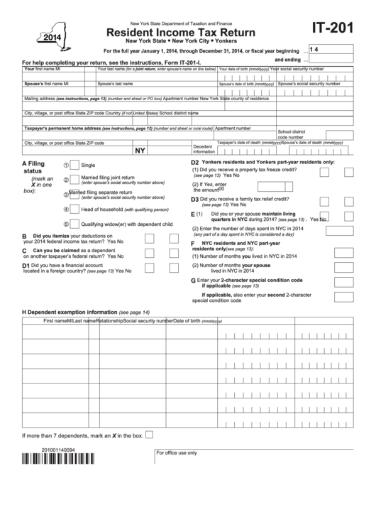 Fillable Form It-201 2014 Resident Income Tax Return New York State Department Of Taxation And Finance Printable pdf