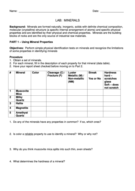 Lab: Minerals Science Lab Report Template