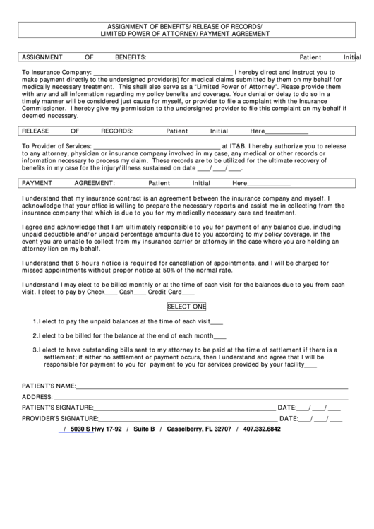 Limited Power Of Attorney/payment Agreement Printable pdf
